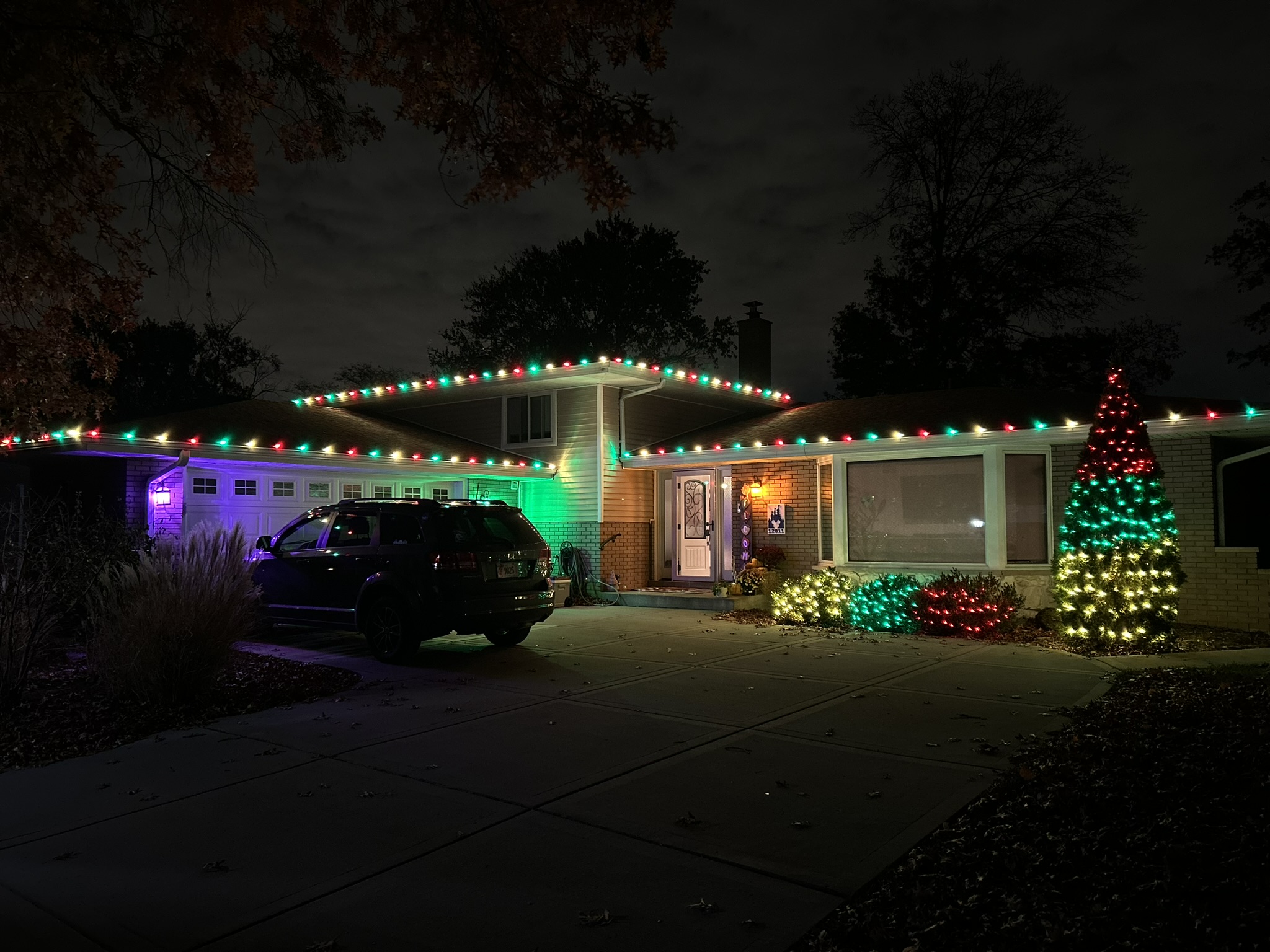 Home with multicolor roofline lights and a lit tree cone by the driveway